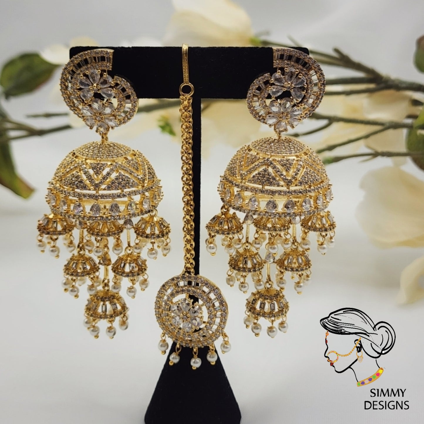 Scarlett gold plated ad jhumkis with tikka