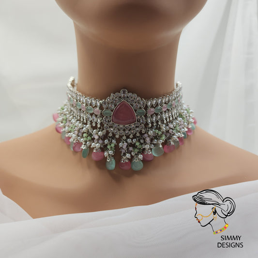 Haseena choker set (Silver pastel multicolor)