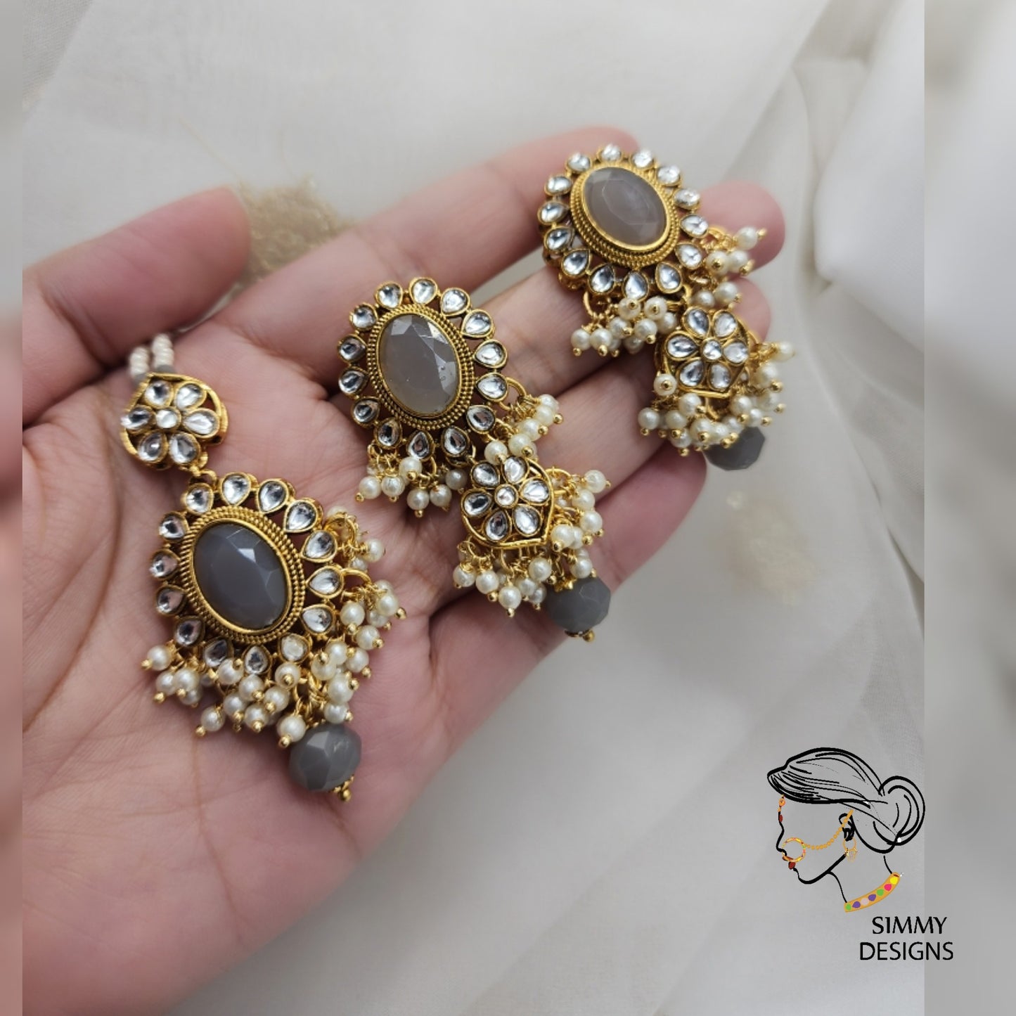 Arfa kundan set ( Gray)