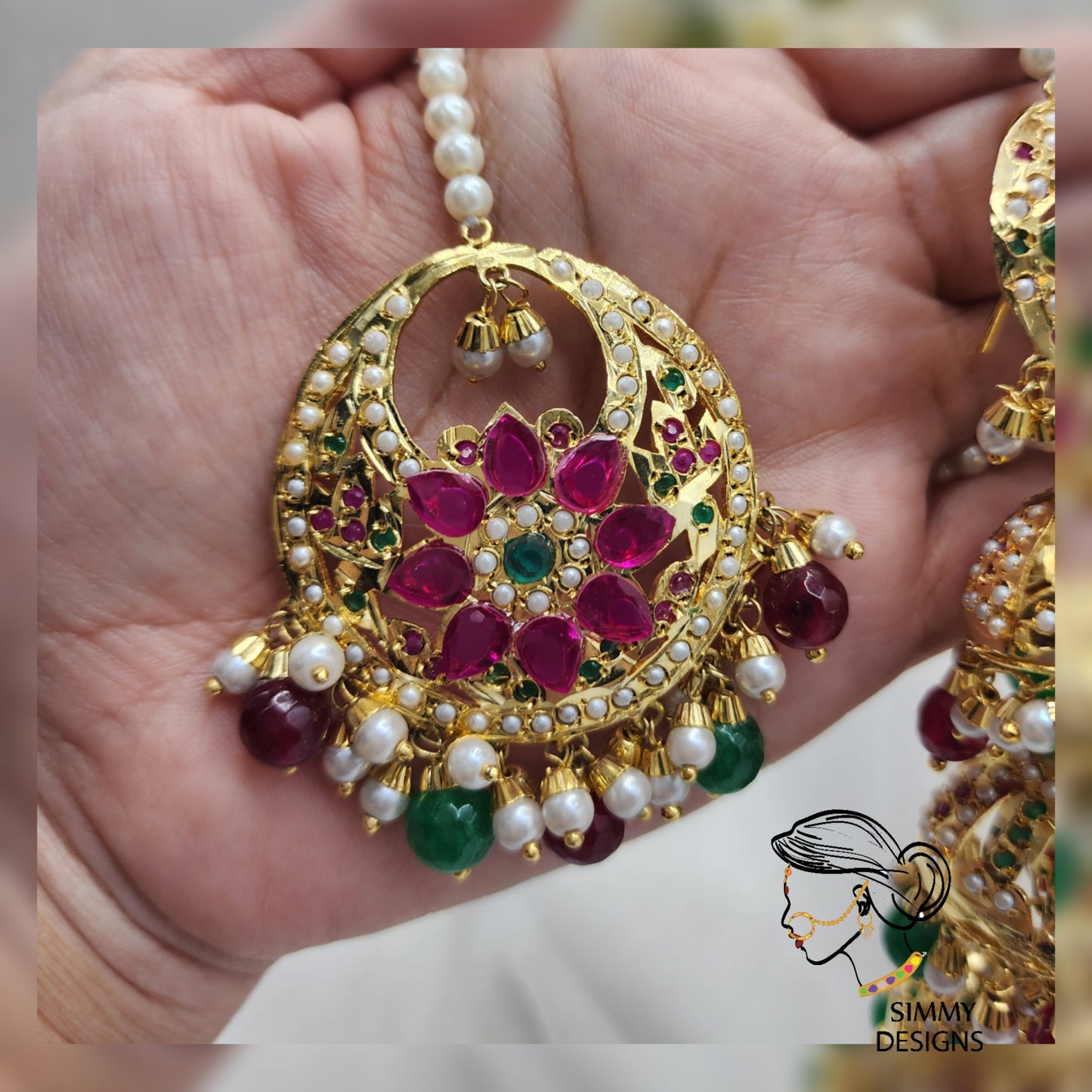 Nimrat jadau jhumkis with tikka set(Multicolor)