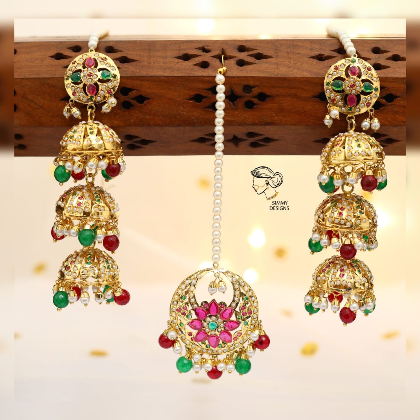 Nimrat jadau jhumkis with tikka set(Multicolor)