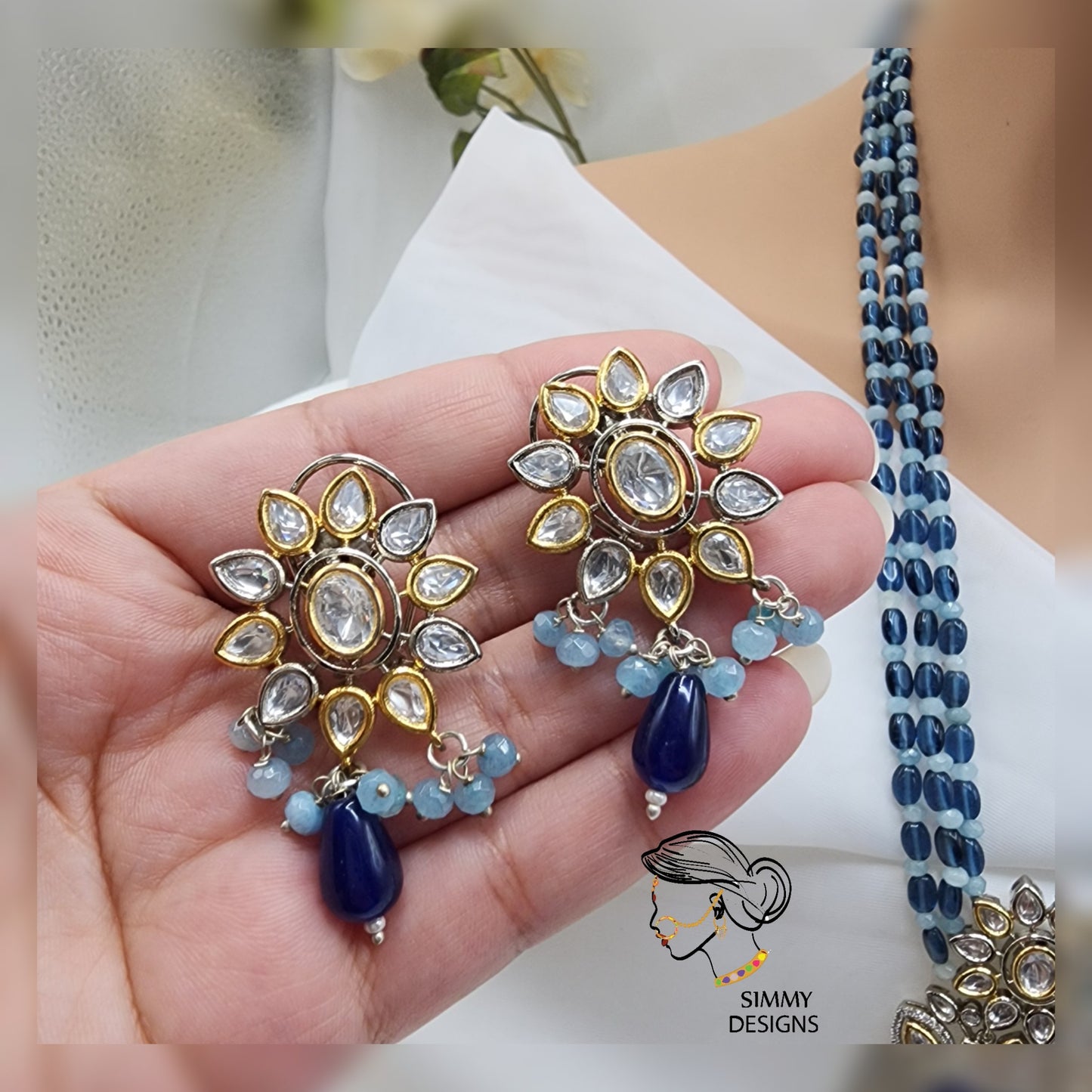 Ayra kundan mala set blue