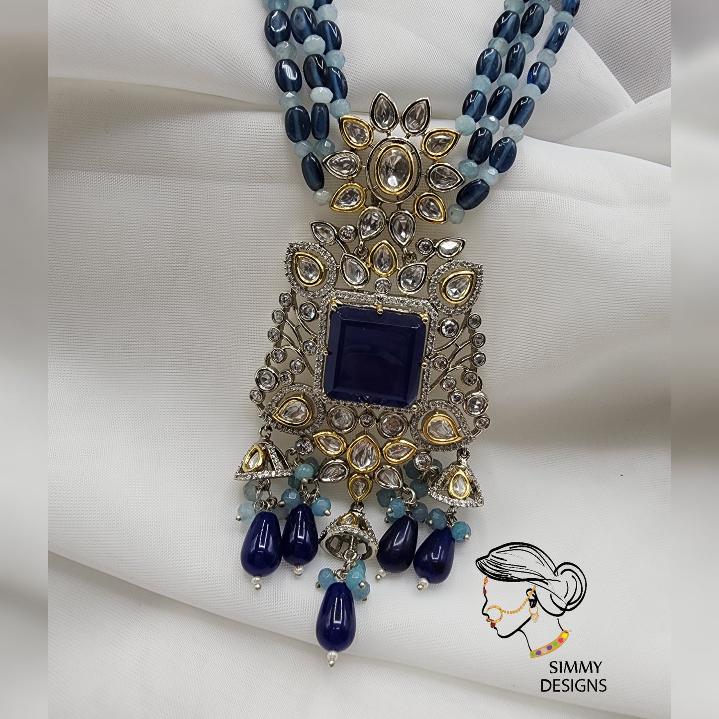 Ayra kundan mala set blue