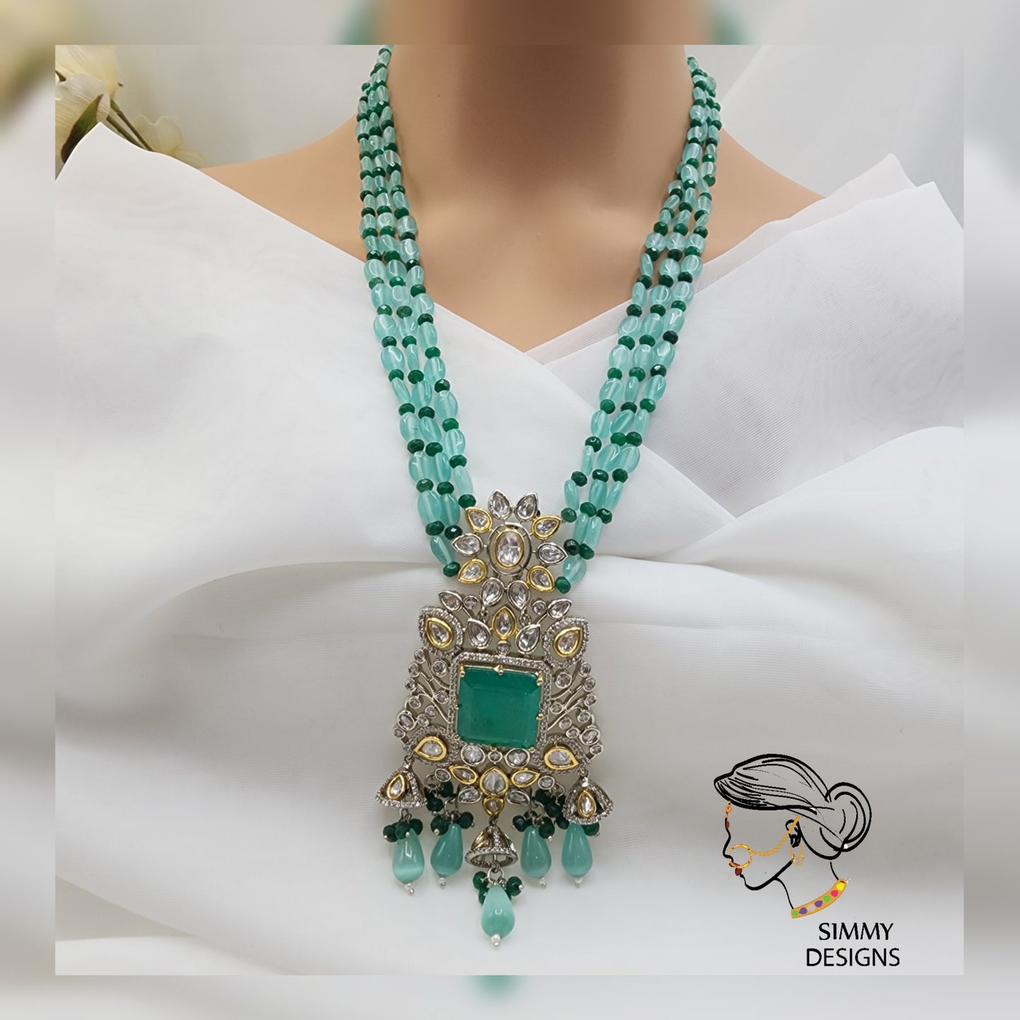 Ayra kundan mala set green/jade