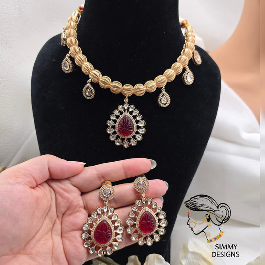 Chahat gold plated kundan set (Ruby)